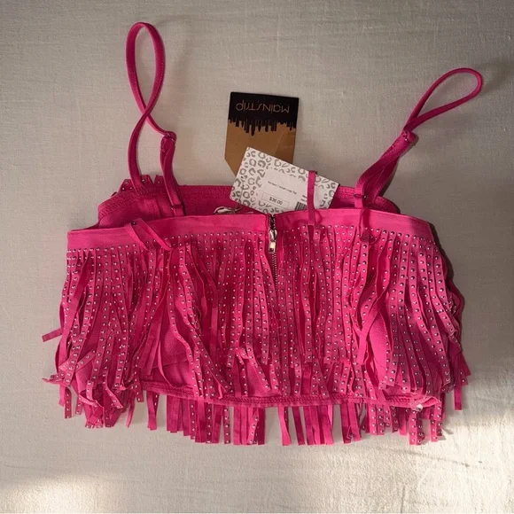 Main Strip Hot Pink Studded Fringe Crop Top - Picture 4 of 11